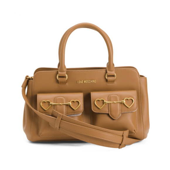 NWT LOVE MOSCHINO Heartbit Grab Bag HandBag Brown Pockets PU